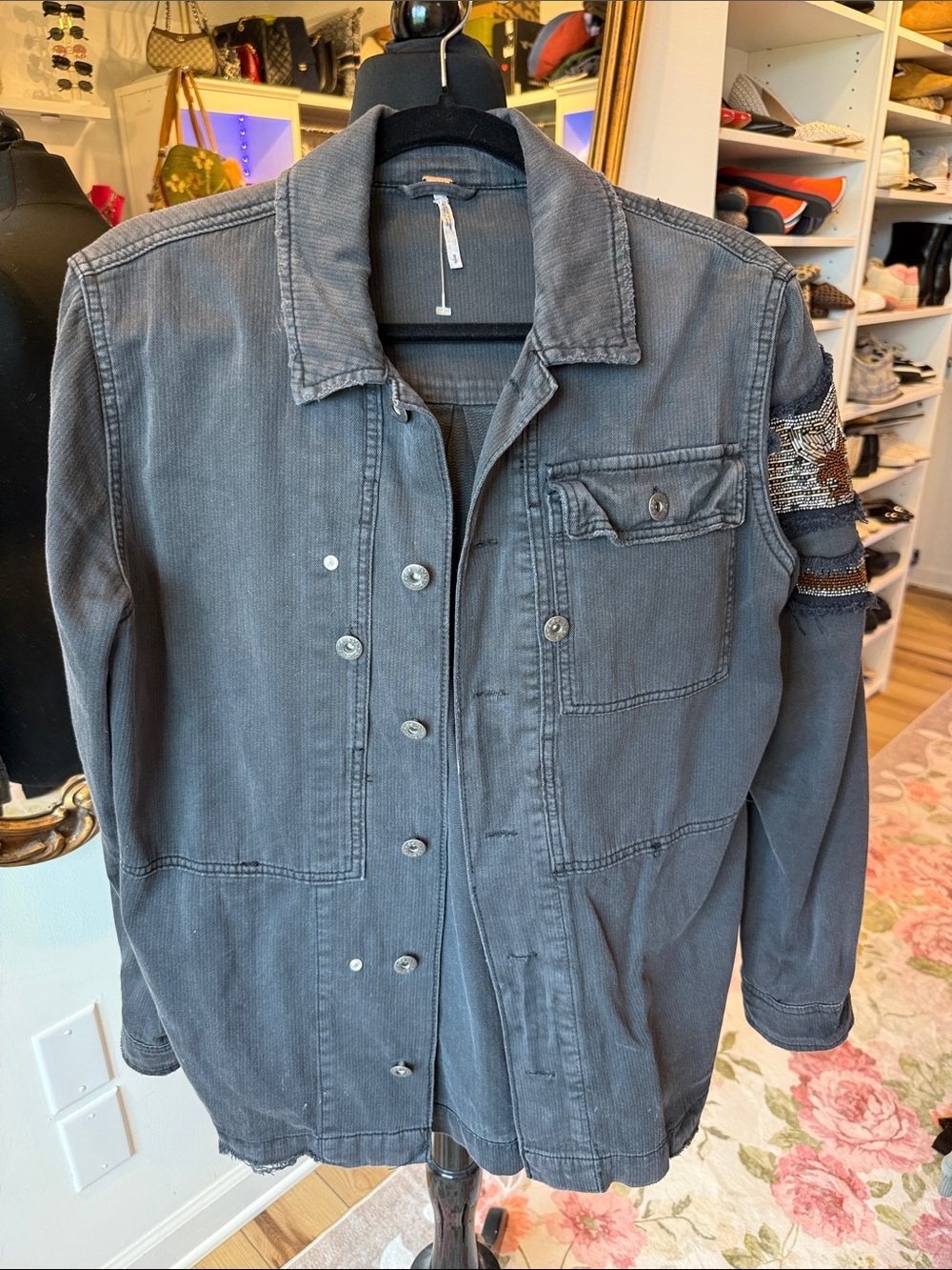 Free People Charcoal Herringbone Jacket with Gold Logo Accent